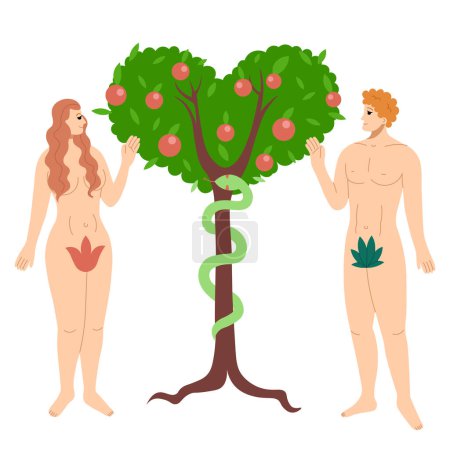 Adán y Eva en el Huerto del Edén Con un árbol con manzanas y una serpiente tentadora. Caricatura dibujada a mano. Vector plano.