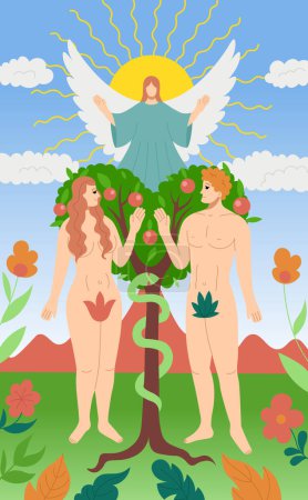 Adán y Eva en el Huerto del Edén Con un árbol con manzanas y una serpiente tentadora. Ángel bendice amantes. Diseño de cartas del tarot Major Arcana. Caricatura dibujada a mano. LOS AMANTES