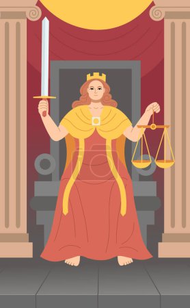 The goddess of justice sits on the throne. In her hands are scales and a sword.Major Arcana tarot card design. Hand drawn cartoon linear flat style. Justice.