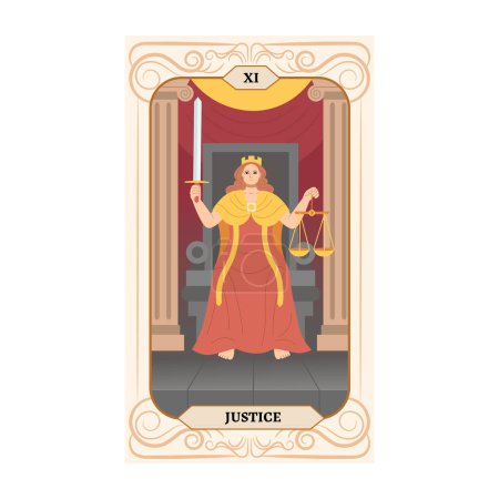 The goddess of justice sits on the throne. In her hands are scales and a sword.Major Arcana tarot card design. Hand drawn cartoon linear flat style. Justice.