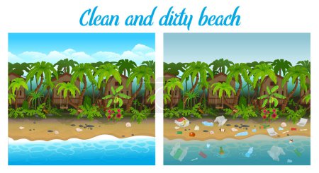 A dirty beach with garbage and a clean beach. concept of garbage collection, ecology. Island beach with bungalows and palm trees. Side view, game background