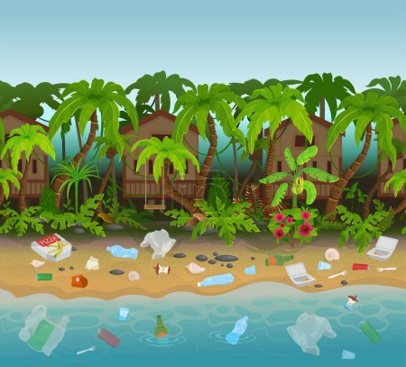 Dirty beach with garbage. Island beach with bungalows and palm trees. Side view, game background