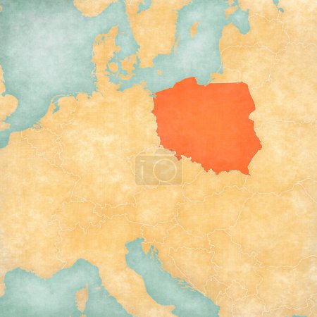 Téléchargez les photos : Pologne sur la carte de l'Europe centrale dans le style grunge doux et vintage, comme vieux papier avec peinture à l'aquarelle. - en image libre de droit