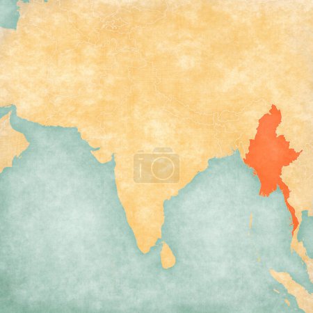 Photo for Myanmar on the map of South Asia in soft grunge and vintage style, like old paper with watercolor painting. - Royalty Free Image