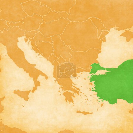Turkey on an ocher retro map of the Balkans on old vintage paper.