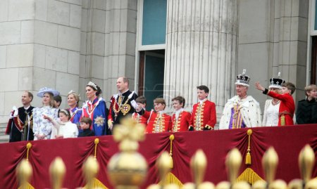 Photo for London, England, UK. 6th May, 2023. King CHARLES III and Queen Consort Camilla are seen on the balcony of Buckingham Palace following the coronation. King Charles, Queen Camilla wearing crown jewels - Royalty Free Image