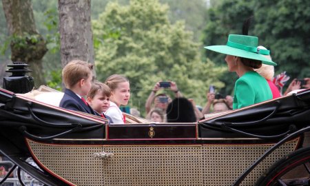 Photo for London UK - 17 June 2023: Queen Camilla, Kate Princess of Wales, Prince George, Prince Louis princess Charlotte Trooping the colour Royal Family carriage on Mall Buckingham Palace - Royalty Free Image