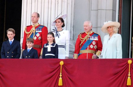 Photo for London. June 15th 2024 - King Charles iii, Queen Camilla, the Prince and Princess of Wales Kate and William and their children prince George, Louis, and Princess Charlotte on balcony of Buckingham Palace during the Trooping the Colour celebrations - Royalty Free Image