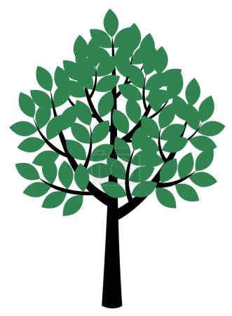 Flat tree icon, leaves on the branches. The green and black symbol. Concept of ecology. Vector illustration isolated on white background.