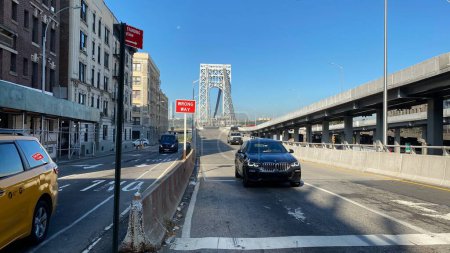 Photo for New York, NY, USA - Nov 9, 2022: Cars are shown exiting the George Washington Bridge in upper Manhattan on a sunny autumn day - Royalty Free Image