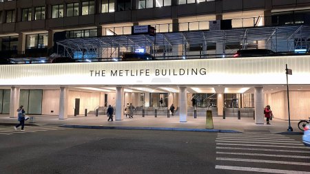 Photo for New York, NY, USA - Dec 13, 2022: A nighttime view of the entrance to the Metlife Building - Royalty Free Image