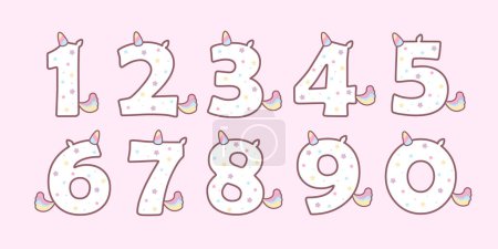 Conjunto de lindos números de unicornio. Hermoso elemento de dibujos animados para niños fiesta de cumpleaños invitación, tarjeta de felicitación y pastel toppers diseño.