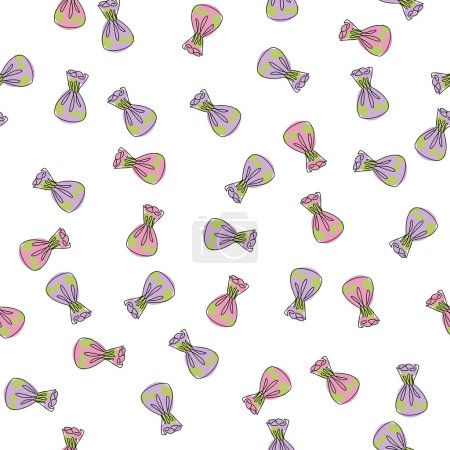 Téléchargez les illustrations : Sweet candies seamless pattern on white background. Candies, sweetmeats, lollipops and assorted chocolates colorful lollipops. Sweets and candies icons set in modern flat style. Vector illustration. - en licence libre de droit