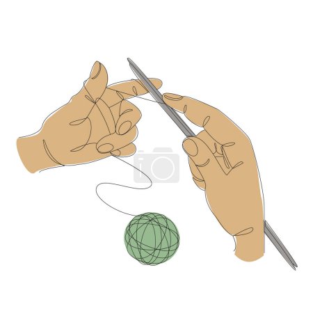 Illustration for Knitting with threads. Hands of man, woman in modern trendy style with one line. Solid line, outline for decor, posters, stickers, logo. Vector illustration - Royalty Free Image