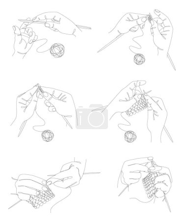 Illustration for Collection. Knitting with threads. Hands of man, woman in modern trendy style with one line. Solid line, outline for decor, posters, stickers, logo. Vector illustration set - Royalty Free Image