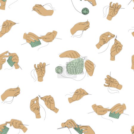 Illustration for Collection. Human hands knitting and sewing with a needle and thread. Seamless pattern in art nouveau style in one line. Solid line, sketches, posters, murals, stickers, logo. vector illustration. - Royalty Free Image