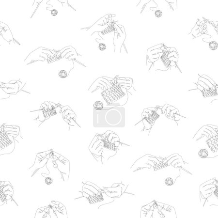 Illustration for Collection. Human hands knit knitting needles and threads. Seamless pattern in modern style in one line. Solid line, sketches, posters, murals, stickers, logo. vector illustrations - Royalty Free Image