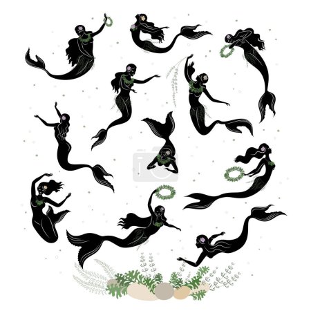 Illustration for Mermaid silhouette. Beautiful girls swim in the water, dance. The lady is young and slim. Fantastic fairy tale image of algae, plants. vector illustration set - Royalty Free Image