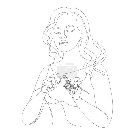 Illustration for Silhouettes of the girl, she knitting with threads. Woman's hands in modern trendy style with one line. Solid line, outline for decor, posters, stickers, logo. Vector illustration - Royalty Free Image
