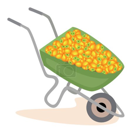Illustration for Persimmon harvest, wren collected. Garden tools, wheelbarrow. A necessary thing in the household. For transportation of goods. Vector illustration - Royalty Free Image