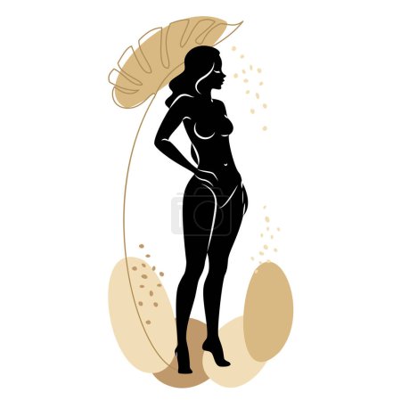 Illustration for Silhouette of a cute lady and leaves of a plant. The girl is standing. The woman has a beautiful naked figure. She is young and slim. Vector illustration - Royalty Free Image