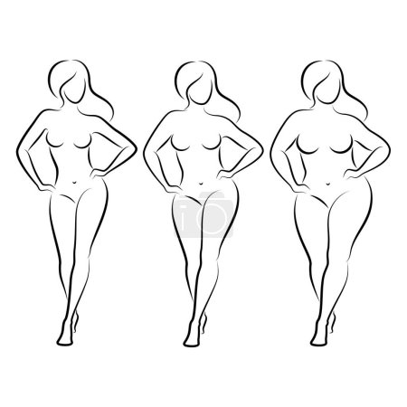 Collection. Silhouette of a beautiful woman figure. The lady is standing. The girl is thin, slender, and the woman is fat. Set of vector illustrations