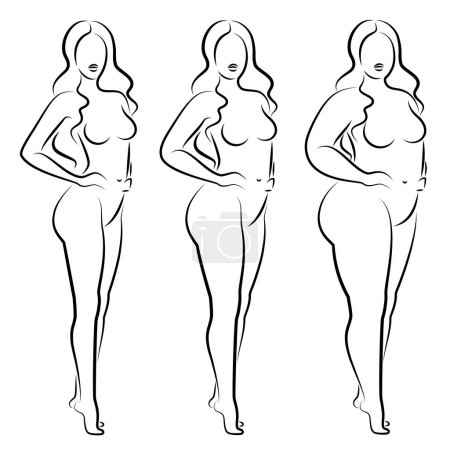 Collection. Silhouette of a beautiful woman figure. The lady is standing. The girl is thin, slender, and the woman is fat. Set of vector illustrations