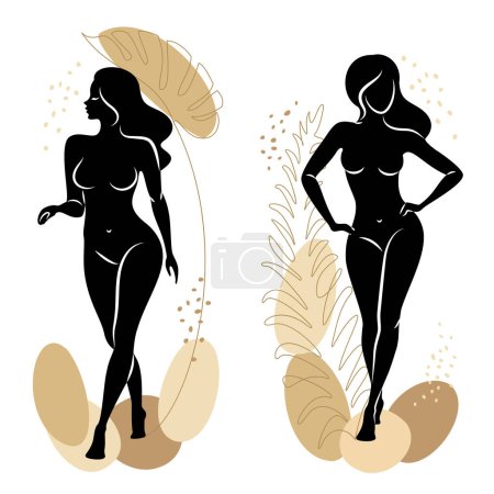 Illustration for Collection. Silhouette of a cute lady and plant leaves. The girl is standing. The woman has a beautiful naked figure. She is young and slim. Vector illustration set - Royalty Free Image