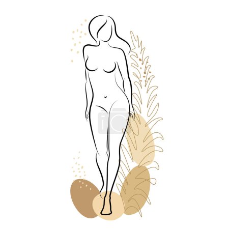 Illustration for Silhouette of a cute lady and leaves of a plant. The girl is standing. The woman has a beautiful naked figure. She is young and slim. Vector illustration - Royalty Free Image