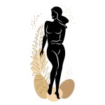 Silhouette of a cute lady and leaves of a plant. The girl is standing. The woman has a beautiful naked figure. She is young and slim. Vector illustration
