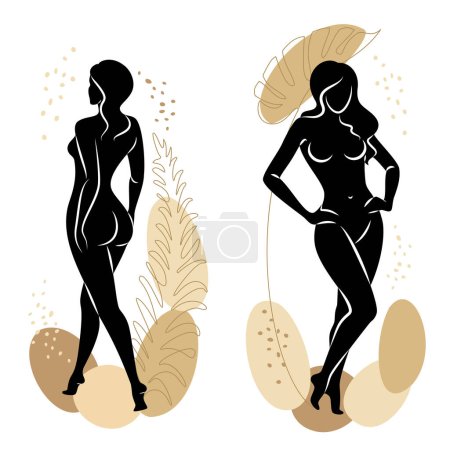Illustration for Collection. Silhouette of a cute lady and plant leaves. The girl is standing. The woman has a beautiful naked figure. She is young and slim. Vector illustration set - Royalty Free Image