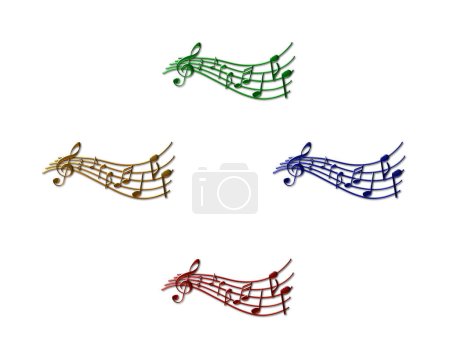 Photo for A set of 4 - 3D rendered illustrations of music notes on a curvy stave with notes inserted in an artistic manner, all in a metallic textured finish, isolated on a white background. - Royalty Free Image