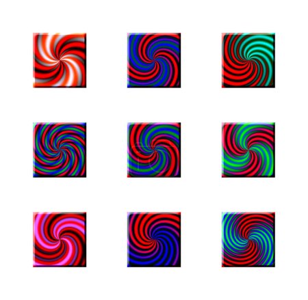 Foto de Ilustración representada en 3D que contiene 9 botones cuadrados de diferentes colores con patrones en espiral, aislados sobre un fondo blanco. - Imagen libre de derechos