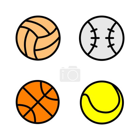 Téléchargez les photos : Ensemble de 4 icônes colorées représentant le volley-ball, le softball, le tennis et le basket-ball, isolées sur fond blanc. - en image libre de droit