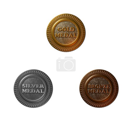 Téléchargez les photos : Un ensemble de 3 - 3d illustrations de médailles musicales en finition métallique or, argent et bronze, isolées sur fond blanc. - en image libre de droit