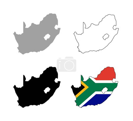 Conjunto de 4 dibujos planos del mapa sudafricano en colores gris, negro, contorno y bandera RSA, aislados sobre fondo blanco.