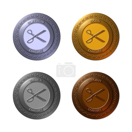 Photo for A set of 4 - 3D rendered illustrations of Couture competition metallic medals for platinum, gold, silver and bronze achievements, isolated on a white background. - Royalty Free Image