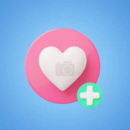 3D-Heilungssymbol. Rotes Herz mit grünem plus Symbol isoliert auf blauem Hintergrund. Favoriten, Lesezeichen, medizinisches Gesundheitswesen, gesundes Lebensstil-Symbolkonzept hinzufügen. Cartoon-Symbol glatt. 3D-Darstellung. Steilpfad