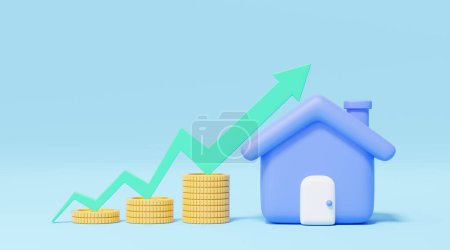 3D Gold coins stack with house on green arrow up on blue background. Home model with flue, door icon. Financial investment growth concept. Mockup cartoon icon minimal style. 3d render illustration.