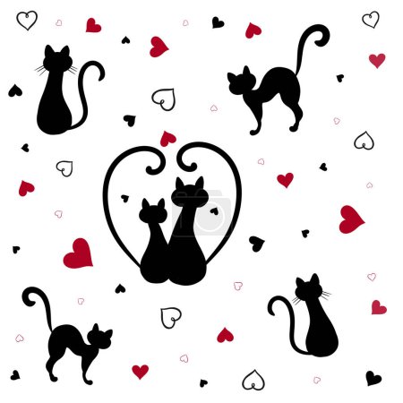 Photo for Seamless pattern with black cats and red hearts on white background. Lovers. Valentine's Day. - Royalty Free Image
