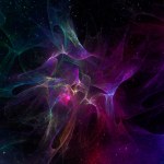 Abstract fractal background with cosmic glow. Colors of rainbow. Horizontal banner. Used for design and creativity, for screensavers.