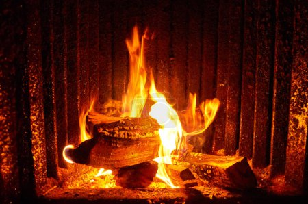 Téléchargez les photos : Gros plan sur le feu de bois dans la cheminée. Beau feu de flamme - en image libre de droit