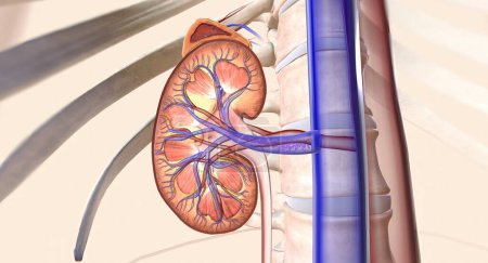 Téléchargez les photos : The kidneys help your body by excreting excess sodium into the ureter, where it is flushed away with the urine. 3D rendering - en image libre de droit