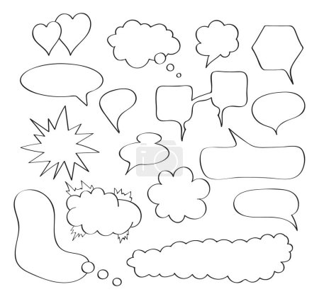 Illustration for Comic speech bubbles set vector in hand drawn style. Massages and talk signs for app, web.Comic sketch explosions. Empty speech, communication balloons in line style. - Royalty Free Image