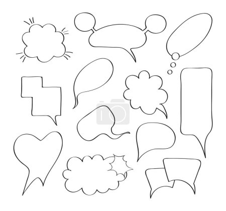 Illustration for Comic speech bubbles set vector in hand drawn style. Massages and talk signs for app, web.Comic sketch explosions. Empty speech, communication balloons in line style. - Royalty Free Image