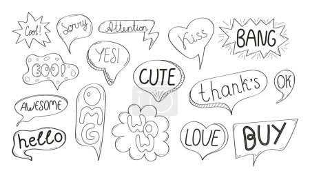 Illustration for Speech bubbles with comic text set vector in hand drawn style. Massages and talk signs for app, web.Comic sketch explosions with text bang, cute, thanks, hello for social net. - Royalty Free Image