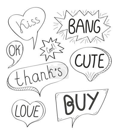 Illustration for Speech bubbles with comic text set vector in hand drawn style. Massages and talk signs for app, web.Comic sketch explosions with text bang, cute, thanks, hello for social net. - Royalty Free Image