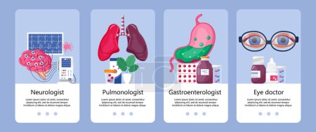Illustration for Gastroenterologist concept vector. Encephalogram of the patient's brain. Lungs and pulmonologist concept. Optometrist and myopia treatment, eyes with glasses. - Royalty Free Image