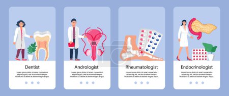 Illustration for Andrologist treats the prostate. Medical story app. The dentist treats caries and pulpitis. The doctor diagnoses pancreatitis. - Royalty Free Image