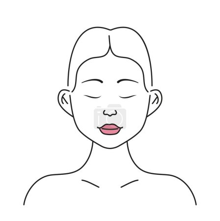Facial massage. Facial skin care at home. Beautiful girl applies cream, tonic, gel on the skin. Woman doing face massage, shows hand movement concept in line style.